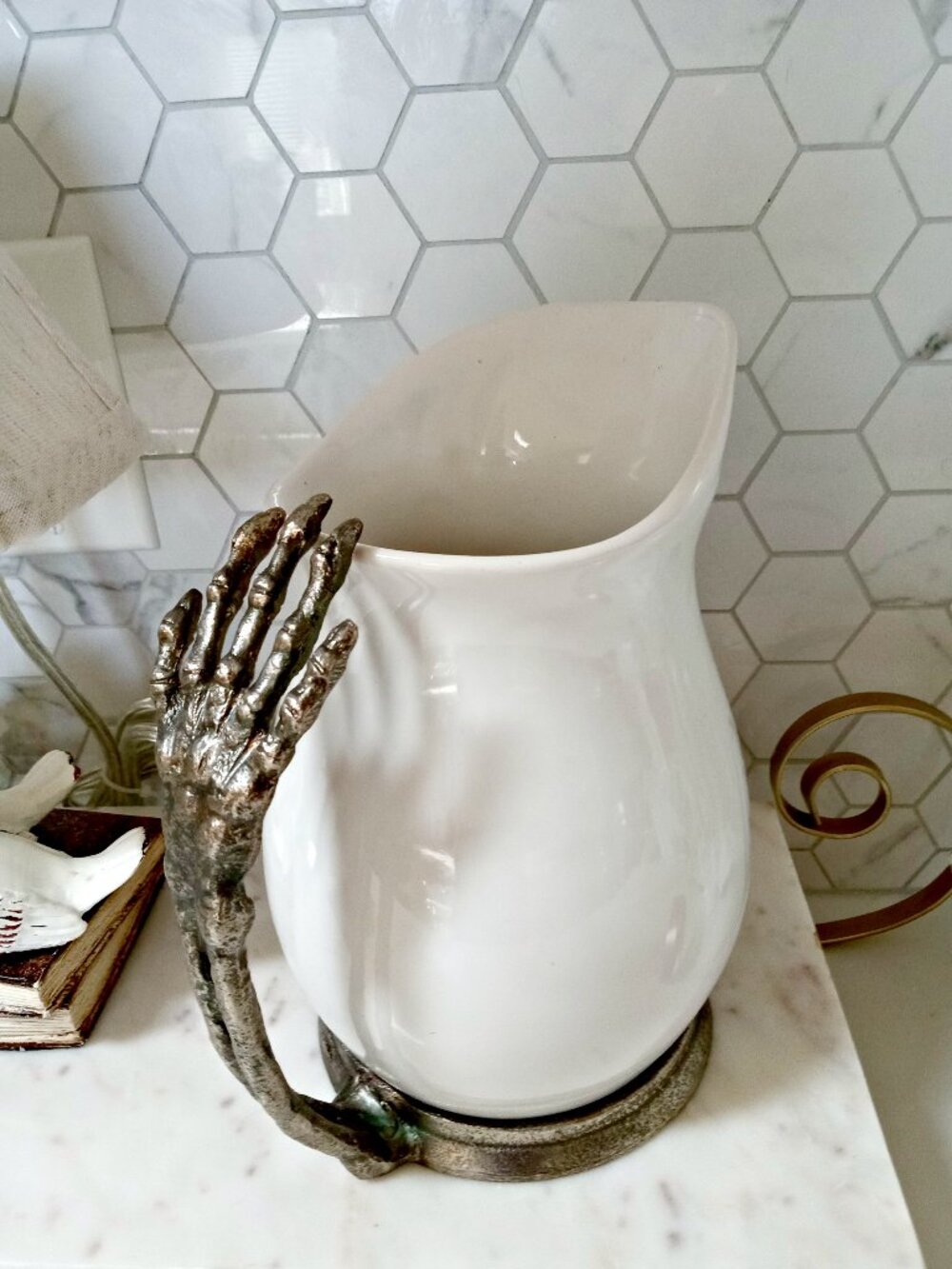 EXQUISITE SKELETON HANDS PITCHER CAST METAL BASE HANDS